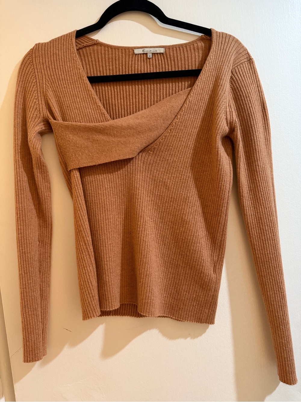 Ribbed Asymmetric Camel Knit Top